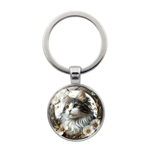 Cute long-haired cat time gem keychain with silver metal ring for car keys and bags