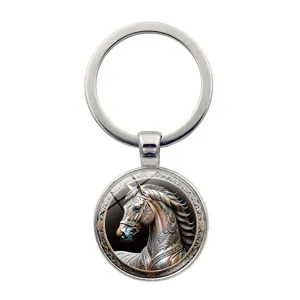 Vintage embossed horse relief time gem keychain charm for men's car keys and bags