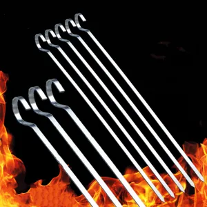 Stainless Steel BBQ Skewers Flat Barbecue Grilling Sticks Hook Handle Reusable Roasting Needles For Outdoor Camping Cooking Tools