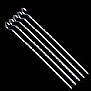 Stainless steel barbecue skewers detail, flat design with hanging hook for outdoor grilling.