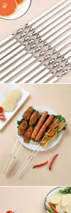 Detalle de brochetas de acero inoxidable para barbacoa con diseño plano y uso práctico.