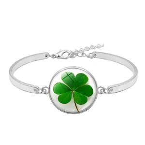 Lucky Four Leaf Clover Time Gemstone Bracelet Silver Plated Alloy Glass Cabochon Adjustable Bangle For Women Girls Jewelry Gift