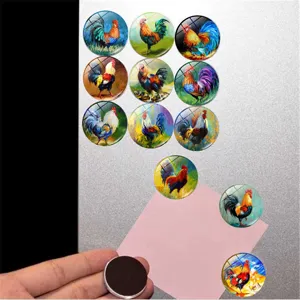 Detail von Glas-Kühlschrankmagneten mit bunten Hahn-Ölgemälden und Magnetrückseite.