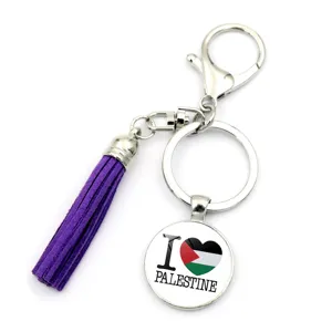 Porte-clés Drapeau Palestine Avec Gland en Similicuir Métal Alliage de Zinc Pendentif Cabochon en Verre Anneau Porte-clés Fermoir Mousqueton