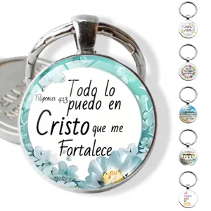 Porte-clés Verset Biblique Espagnol Pendentif en Verre et Alliage de Zinc Anneau de Clé Écritures Religieuses Cadeau Bijoux Religieux pour Hommes Femmes