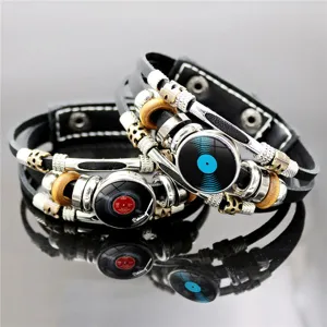 Retro Punk Multilayer Braided Synthetic Leather Bracelet Vinyl Record Charm Alloy Wood Bead Bracelet Rock Jewelry For Men Women
