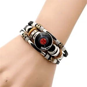 Retro punk vinyl record leather bracelet with multilayer braided beads for unisex wear