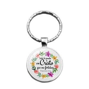 Porte-clés en métal avec verset biblique espagnol et motif floral