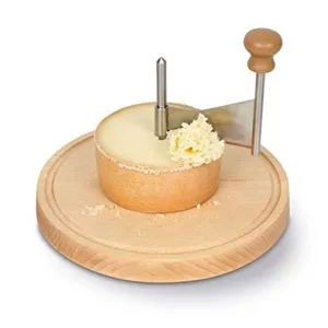 Manual cheese curler chocolate shaver wooden base stainless steel blade for fine curls.