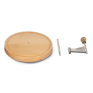 Detail view of manual cheese curler wooden base, metal rotating blade and center pin.