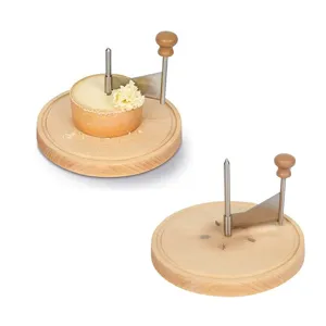 Manual cheese curler with wooden base and stainless steel rotating blade for fine cheese flowers.