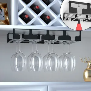 Under cabinet wine glass rack detail view, black metal stemware holder for kitchen bar setup.