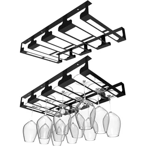 Black iron hanging wine glass rack detail, multi-row stemware holder for bar kitchen storage.