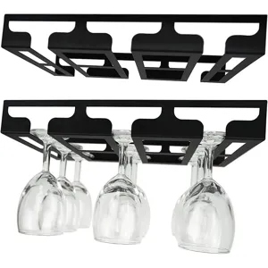Iron hanging wine glass rack detail, black metal stemware holder for kitchen bar.