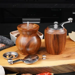 Wooden pepper grinder set with manual crank handle, acacia wood spice mill for kitchen.