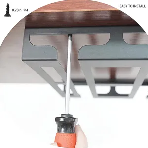 Under cabinet wine glass holder detail showing black metal rack and installation screws.