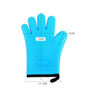 Blaue Silikon Fünf-Finger Ofenhandschuh Hitzebeständige Küchenhandschuhe Herzmuster 28cm