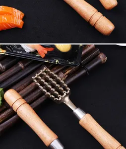 Close-up van de messing tanden en het ergonomische houten handvat van een Japanse vishuidreiger