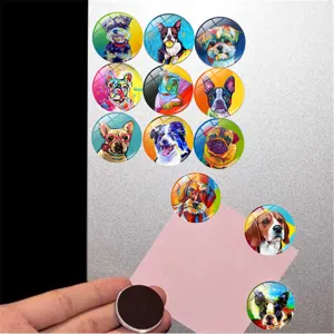 Set of 25mm crystal glass dog magnets showing vibrant oil painting dog illustrations