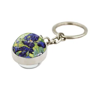 Close-up of Van Gogh Irises oil painting under a crystal glass dome keychain