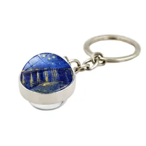 Detailed view of Van Gogh Starry Night Over the Rhone art glass cabochon keychain pendant