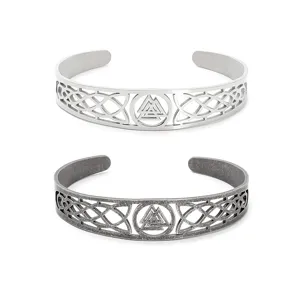 Vintage Viking Valknut and Celtic knot stainless steel cuff bracelets in silver and grey finish.