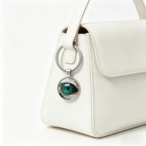 Macro detail view of a teal dragon eye glass gem keychain pendant on a white leather handbag