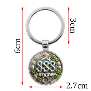 Dimensions of 888 number lucky clover metal keychain showing its 6cm total length