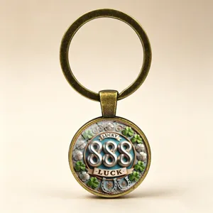 Detailed close-up view of the vintage bronze 888 lucky number keychain with shamrocks