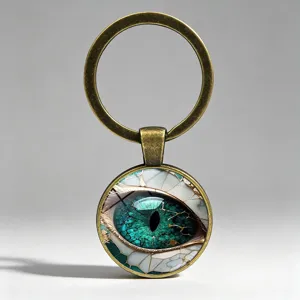 Detailed macro view of bronze dragon eye keychain with vibrant teal glass cabochon