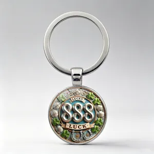 Lucky 888 Number Keychain Metal Key Ring Pendant Four-Leaf Clover Horseshoe Motif Retro Zinc Alloy Bag Accessory Gift