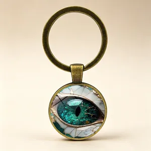 Detailed close-up of a dragon eye keychain with a turquoise iris and bronze metal ring