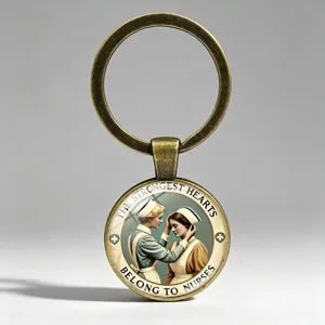 Vintage bronze nurse keychain featuring a time gem pendant with nursing illustration