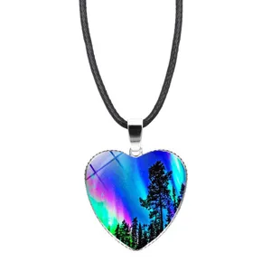 Detailed close-up of a vibrant heart-shaped aurora borealis time gem pendant necklace