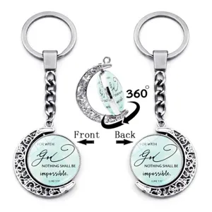 Inspirational Bible Verse Keychain Rotating Double Sided Moon Pendant Zinc Alloy Glass Dome Key Ring Religious Gift Bag Charm For Men Women