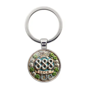 Creative 888 lucky number metal keychain with green clover and silver ring design
