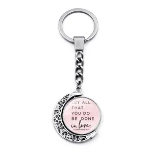 Inspirational moon keychain with rotating In Love biblical quote pendant for bags