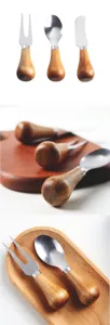 Standing wooden handle butter knife and cheese utensil set with stainless steel heads