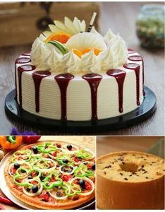 Detailansicht der Backwaren Anwendungsszenarien mit frischem Kuchen und leckerer Pizza.