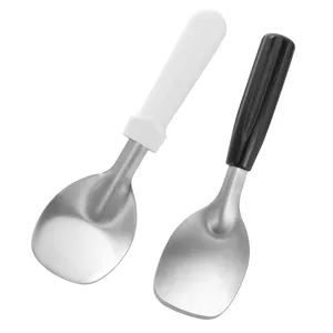 Stainless steel ice cream scoop shovel with plastic handle for home kitchen use detailing view