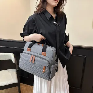 Large capacity grey quilted diaper bag with stylish multi-pockets for baby travel