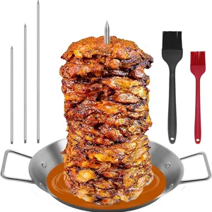 Stainless vertical barbecue skewer pan set details with extra spikes and dual silicone brushes.