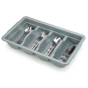 Close up view of the grey plastic cutlery organizer showing four neat storage compartments.