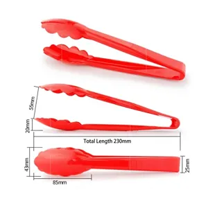 Detailed dimensions of red plastic food tongs featuring 230mm total length and ergonomic grip