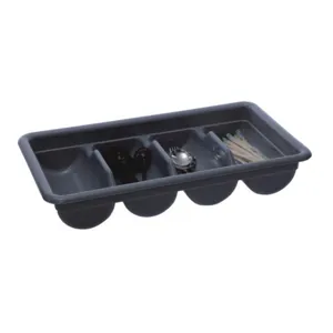 Close-up of a grey plastic 4-compartment kitchen cutlery tray, neat tableware organizer.