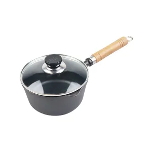 Cazo pequeño de hierro fundido con mango de madera y tapa de cristal para BBQ
