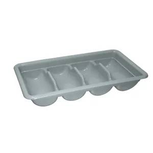 Grey plastic kitchen 4-compartment cutlery organizer tray, tableware storage box detail view.