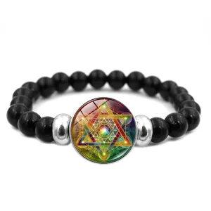 Bracelet de perles noires avec dôme en verre mandala cube de Métatron coloré