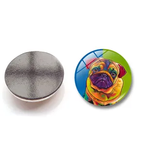 Colorful oil painting pug dog glass fridge magnet showing front and back magnetic side