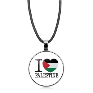 I Love Palestine Herz-Flagge Anhänger Halskette mit schwarzem Kordelband für Damen
